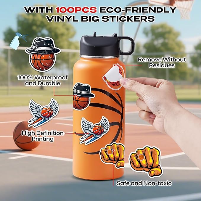 Basketball Water Bottles for Boys 32 oz and 100 PCS Basketball Stickers Sports Insulated Stainless Steel Water Bottle Basketballs Accessories Stuff Gear Gifts For 8-12 12-14 Player