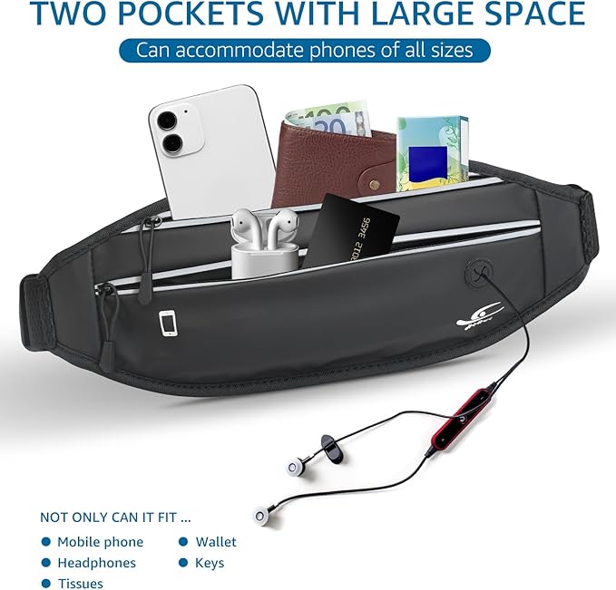 HiRui Slim Fanny Pack for Men Women, Adjustable Exercise Waist Pack Reflective Running Belt for Sports Workout Cycling Hiking, Casual Hands-Free Wallets Phone Bag Fits All Phones (Black)