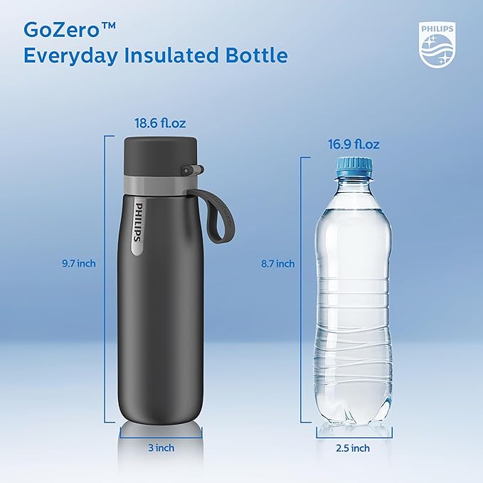 PHILIPS Water Bottle with Filter, Filter Water Bottle Stainless Steel with GoZero Everyday BPA-Free Tap Water Filter, Water Filter Bottle Keep Drink Cold 24 Hours, 1 Filter for 40 gal / 2 Months