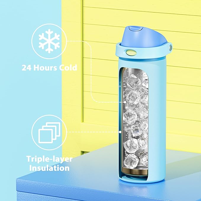 24 oz Insulated Water Bottle for Men: Meoky Stainless Steel Water Bottle with 2-in-1 Straw and Spout Lid - Leak Proof, Cold for 24 Hours, Fits in Car Cup Holder, BPA-Free for Sports Travel, Azure