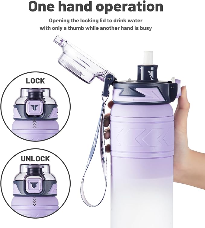 TKK Sports Water Bottles with Removable Straw 34 oz Leak-proof Flip Top Lid BPA Free Tritan Bottles with Strap for School, Fitness, Gym, Outdoor, Purple-White