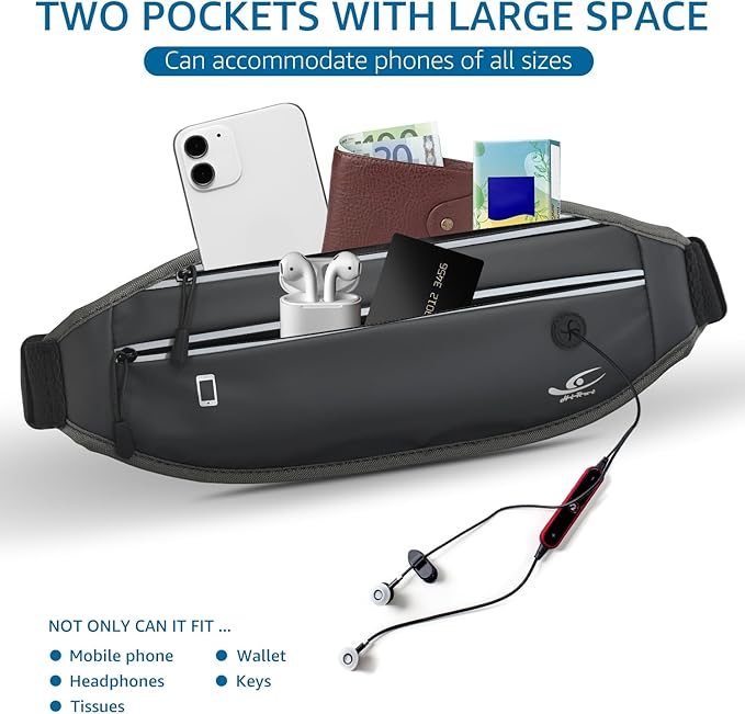 HiRui Slim Fanny Pack for Men Women, Adjustable Exercise Waist Pack Reflective Running Belt for Sports Workout Cycling Hiking, Casual Hands-Free Wallets Phone Bag Fits All Phones (Dark Gray)