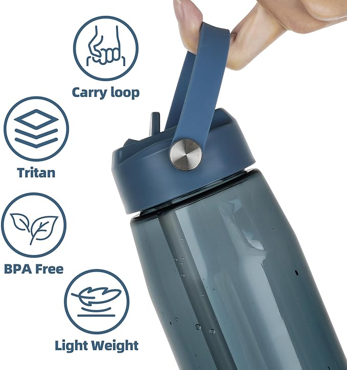 OLDLEY 32 oz Water Bottle with Straw, Leakproof Sports Water Bottle with Carry Strap, BPA-Free Large Water Bottles for Home,Travel, School, Outdoors, Gym, Tritan, Ink Blue