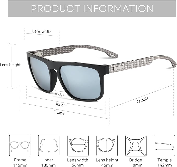 ZENOTTIC Polarized Sunglasses Men Square: Unbreakable TR90 Frame Carbon Fiber Temple UV400 Protection Sun Glasses for Driving