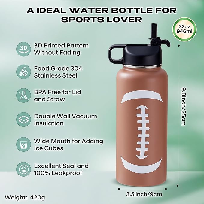 Football Water Bottles for Boys 32 oz and 100 PCS Football Stickers Sports Insulated Stainless Steel Water Bottle Footballs Accessories Stuff Gear Gifts For 8-12 12-14 Player