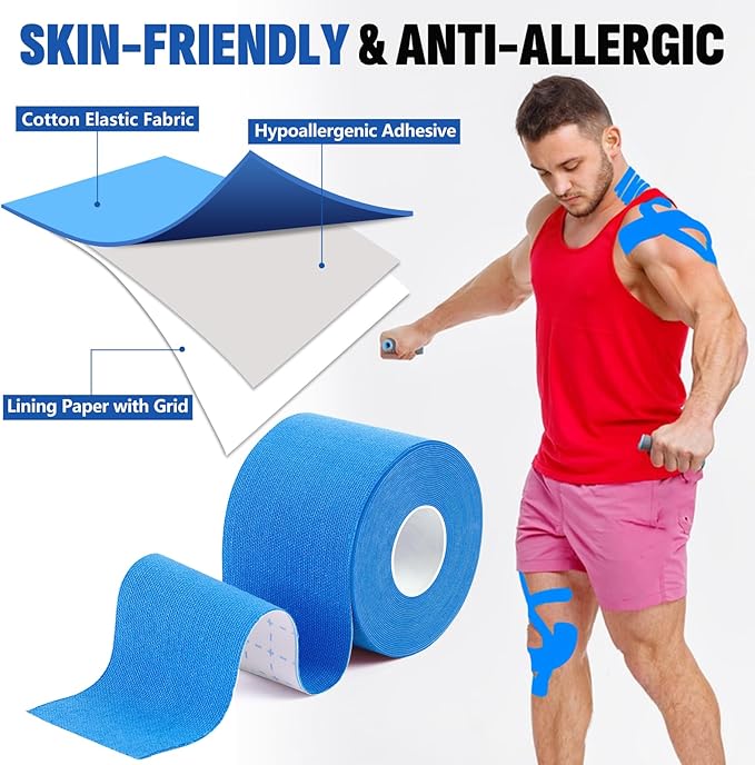 5 Rolls Kinesiology Tape, 2 inch x 16.4 Feet Waterproof Athletic Tape, Uncut Kinetic Tape, Muscle Tape, Sports Tape, Knee Tape for Exercise and Daily Use - Blue