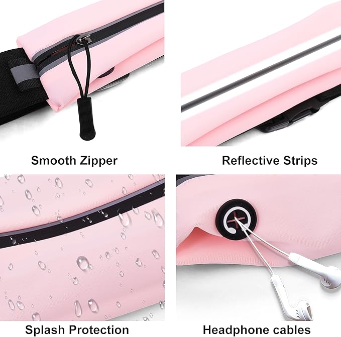 Slim Running Belt For Men and Women Waist Fanny Pack Phone Holder Pouch Bag Reflective Zipper Pocket Workout Cycling Fitness Light Pink