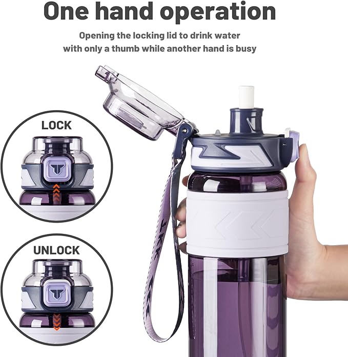 TKK Sports Water Bottles with Removable Straw 34 oz Leak-proof Flip Top Lid BPA Free Tritan Bottles with Strap for School, Fitness, Gym, Outdoor, Purple