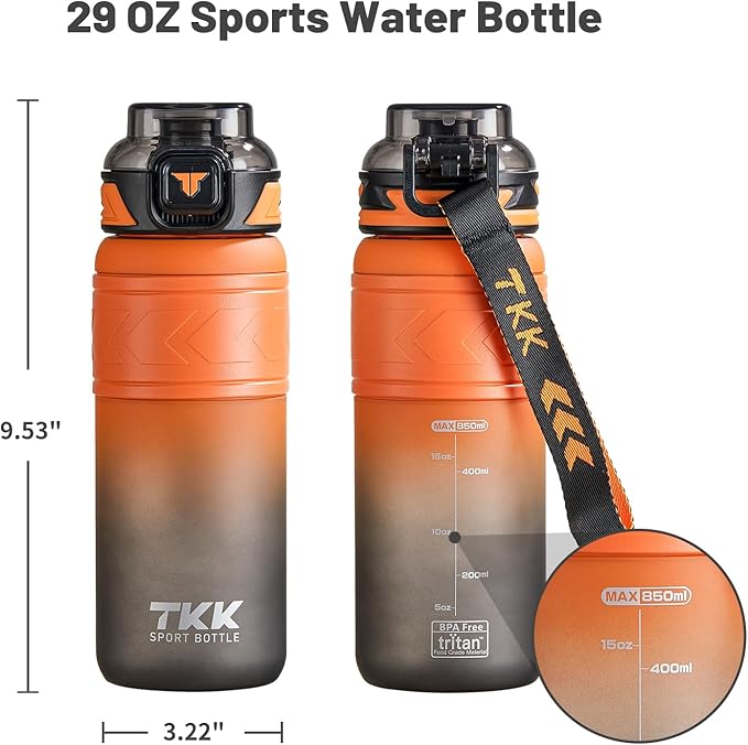 TKK Sports Water Bottles with Removable Straw 29 oz Leak-proof Flip Top Lid BPA Free Tritan Bottles with Strap for School, Fitness, Gym, Outdoor, Orange-Black
