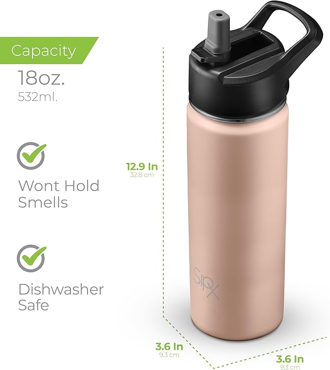 SipX™ 18 oz Insulated Water Bottle with 3 Lids – Leakproof Stainless Steel, Triple Insulated – Cold 24 Hours/Hot 12 Hours – Durable Bottle for School, Gym, Travel – Pink