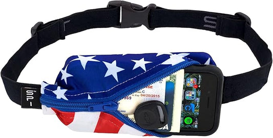 SPIbelt Running Belt for Women Men, Phone Holder for Running, Running Fanny Pack, Holder for Phone, Running Waist Pack, Adjustable Waist, [Fits All Phones]. Stars and Stripes with Blue Zipper