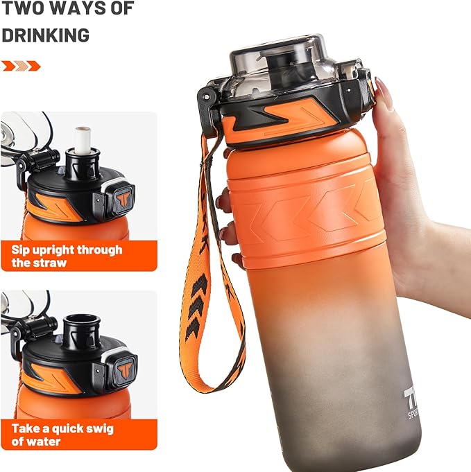 TKK Sports Water Bottles with Removable Straw 29 oz Leak-proof Flip Top Lid BPA Free Tritan Bottles with Strap for School, Fitness, Gym, Outdoor, Orange-Black