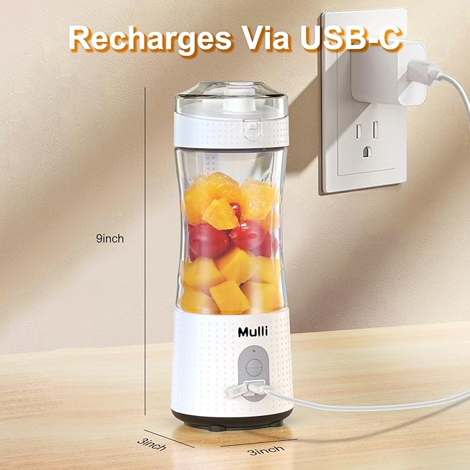 ‌Mulli Pro-Grade Personal Blender 18K RPM - USB-C Rechargeable Ice Crusher, Travel Blender for Gym Camping Baby Food, 13oz BPA-Free with Flip-Top Lid (FCC/CE Certified)