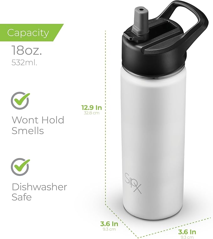 SipX™ 18 oz Insulated Water Bottle with 3 Lids – Leakproof Stainless Steel, Triple Insulated – Cold 24 Hours/Hot 12 Hours – Durable Bottle for School, Gym, Travel – White