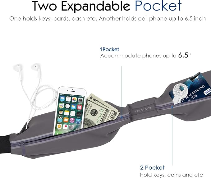 MoKo Sports Running Belt,Outdoor Dual Pouch Sweatproof Reflective Slim Waist Pack,Fitness Workout Belt Fanny Pack Compatible with iPhone 11/11 Pro Max/X/Xr/Xs Max/8/7, Galaxy Note 10/10 Plus, S20/S10