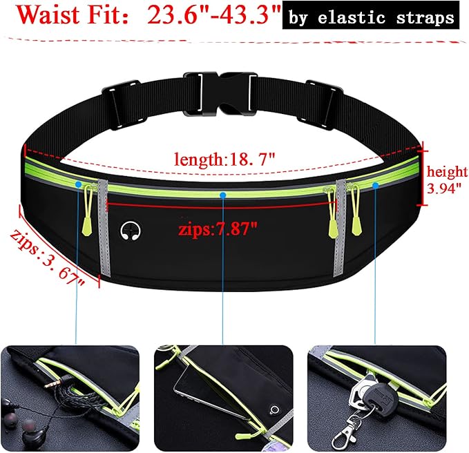 Waist pack sport running Belt Pack with adjustable Strap for running hiking travel outdoors sport (Black, 3 Pockets)