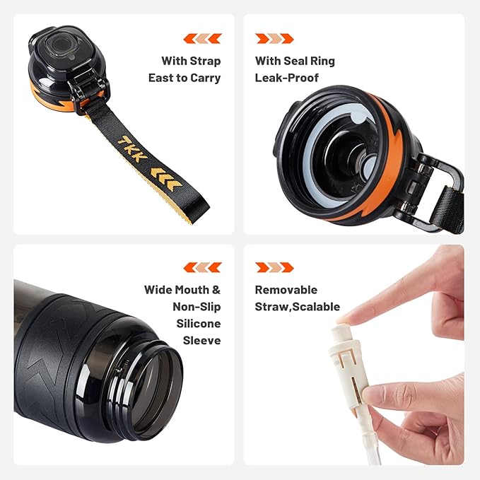 TKK Sports Water Bottles with Removable Straw 34 oz Leak-proof Flip Top Lid BPA Free Tritan Bottles with Strap for School, Fitness, Gym, Outdoor, Black