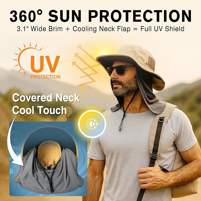 TOP-EX L/XL/XXL UV Protection Mens Sun Hat with Cooling Neck Flap Sunglass Lock Wide Brim Fishing Hats Waterproof & Packable