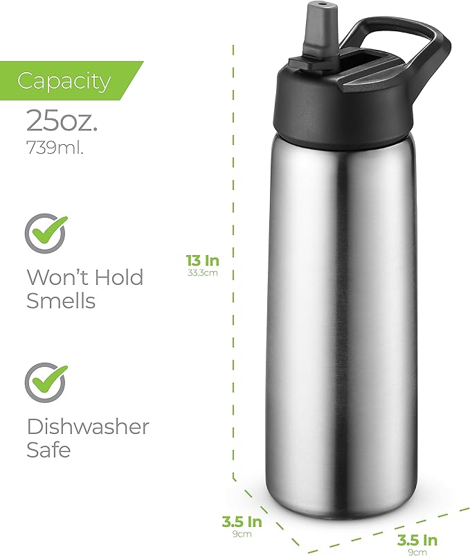 SipX™ 25 oz Insulated Water Bottle with 3 Lids – Leakproof Stainless Steel, Triple Insulated – Cold 24 Hours/Hot 12 Hours – Durable Bottle for School, Gym, Travel – Stainless