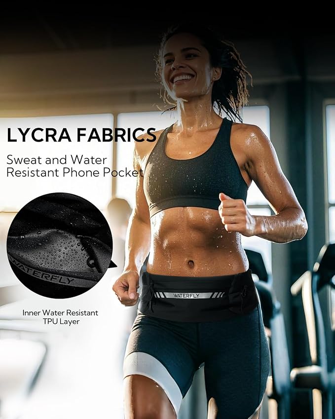 WATERFLY Running Belt Fanny Pack: Slim Breathable 4 Pocket Waist Bag for Men Women Sport Workout Exercise Fitness Phone Holder - Runner Marathon Jogging Waistband Fits ALL Phones Black