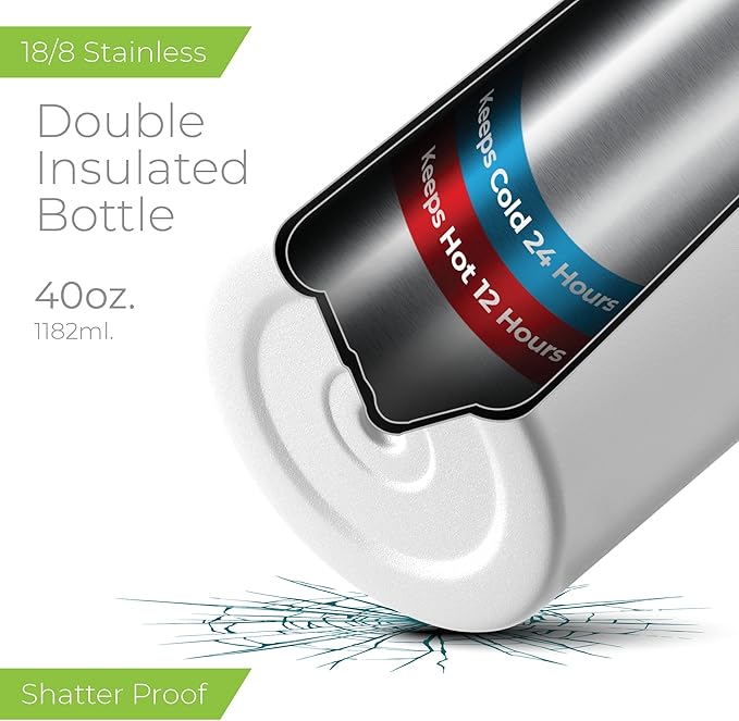 SIPX™ 40 oz Insulated Water Bottle with 3 Lids – Leakproof Stainless Steel, Triple Insulated – Cold 24 Hours/Hot 12 Hours – Durable Bottle for School, Gym, Travel – White