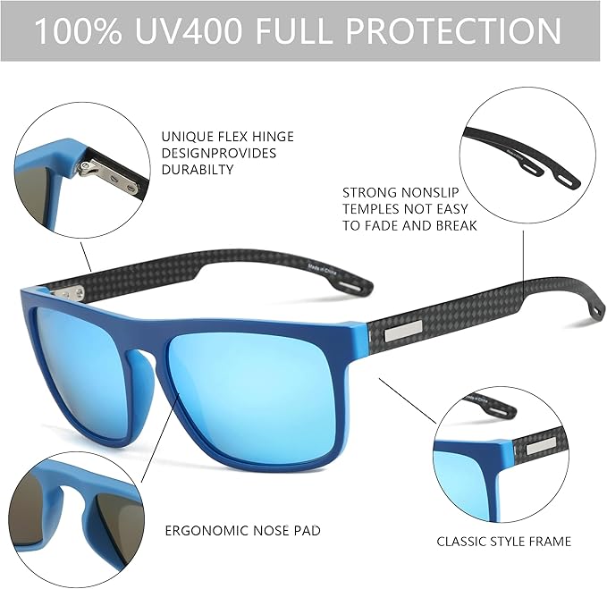 ZENOTTIC Polarized Sunglasses Men Square: Unbreakable TR90 Frame Carbon Fiber Temple UV400 Protection Sun Glasses for Driving