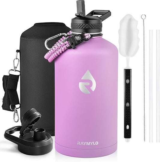 One Gallon Water Bottle Insulated, Triple Walled Vacuum Stainless Steel (Cold for 48 Hrs), Leak Proof & Non-BPA, Large Water Flask Jug with Paracord Handle & Straw Spout Lids