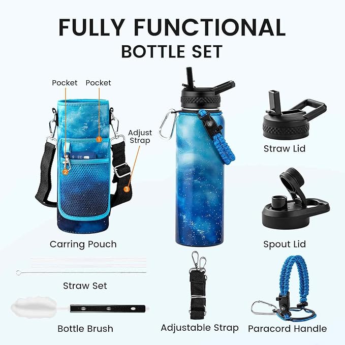 40oz Insulated Water Bottle, Triple Wall Vacuum Stainless Steel Water Bottles - Keeps Cold 48H, Reusable Metal water flask Jug for Gym, Sports, Camping, Hiking,Travel, Aurora-Blue
