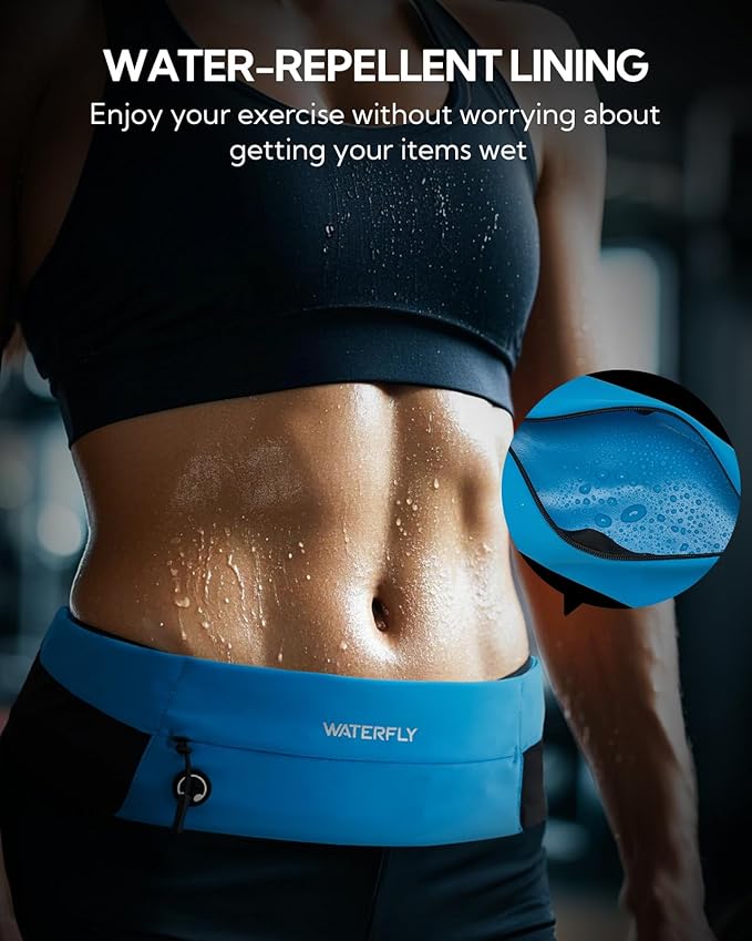 WATERFLY Running Belt Fanny Pack: Slim Waist Bag for Men Women, Workout Fitness Phone Holder for Exercise Marathon Jogging-Blue