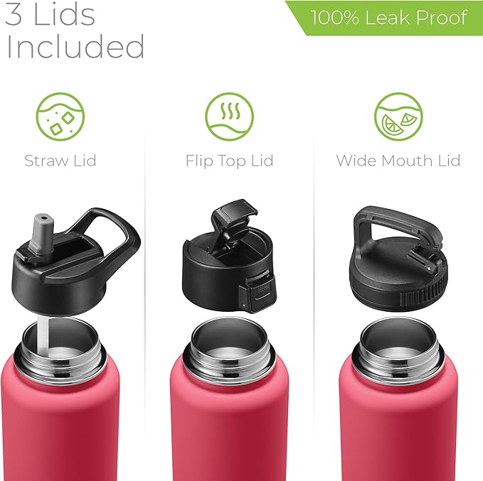 SIPX™ 40 oz Insulated Water Bottle with 3 Lids – Leakproof Stainless Steel, Triple Insulated – Cold 24 Hours/Hot 12 Hours – Durable Bottle for School, Gym, Travel – Red