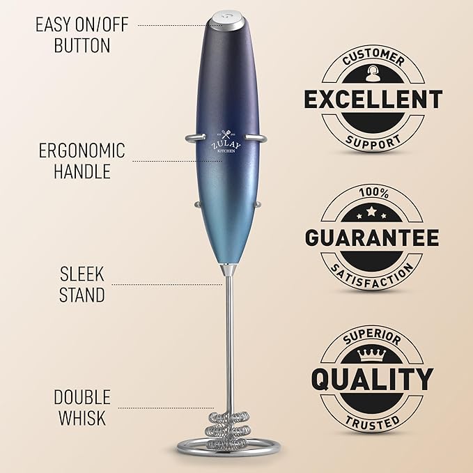 Zulay Kitchen Tornado Whisk Milk Frother with 4 AA Duracell Batteries - Triple Whisk for More Power - Handheld Coffee Frother with Stand - Drink Mixer for Lattes, Matcha & Protein Shakes