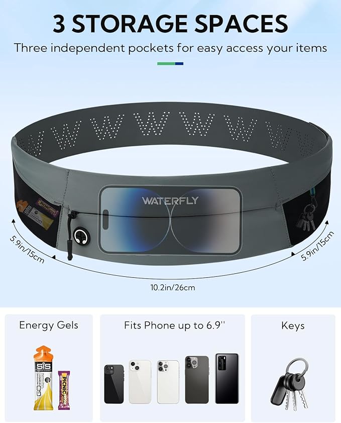 WATERFLY Running Belt Fanny Pack: Slim Waist Bag for Men Women, Workout Fitness Phone Holder for Exercise Marathon Jogging-Grey