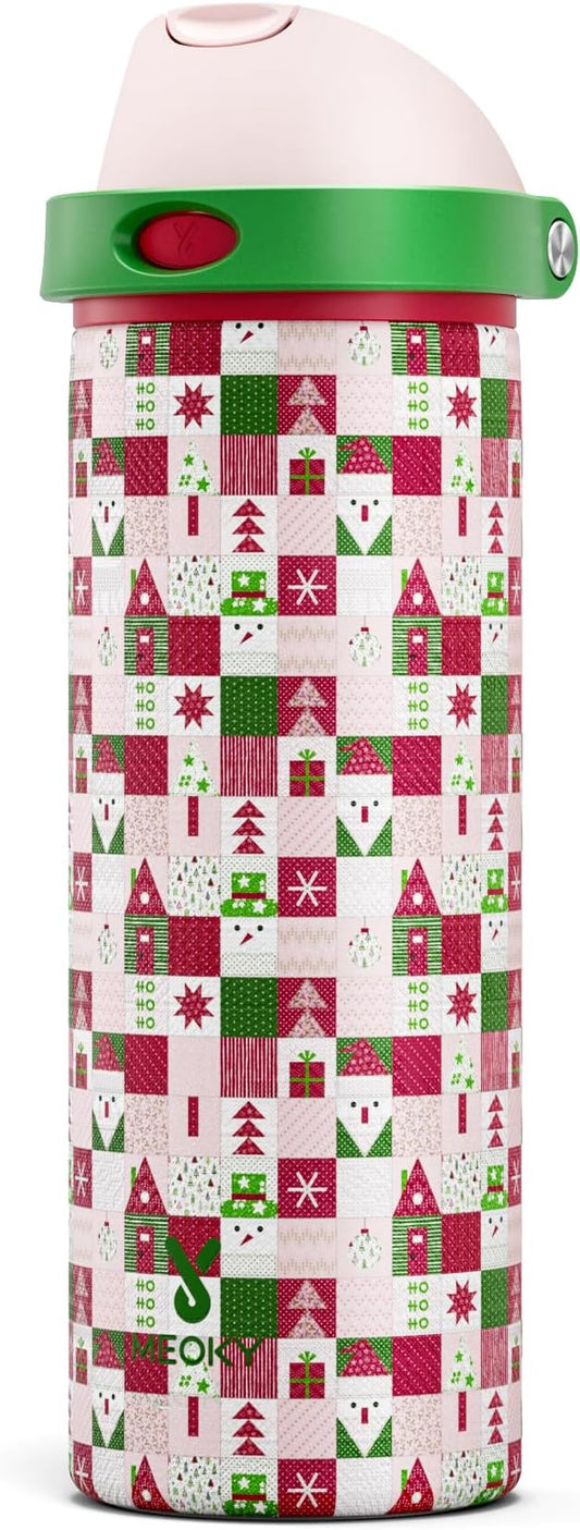 24 oz Insulated Water Bottle for Christmas: Meoky Stainless Steel Xmas Water Bottle with 2-in-1 Straw and Spout Lid - Leak Proof, Fits in Car Cup Holder, Christmas Gifts for Women Men, Santa Wishes