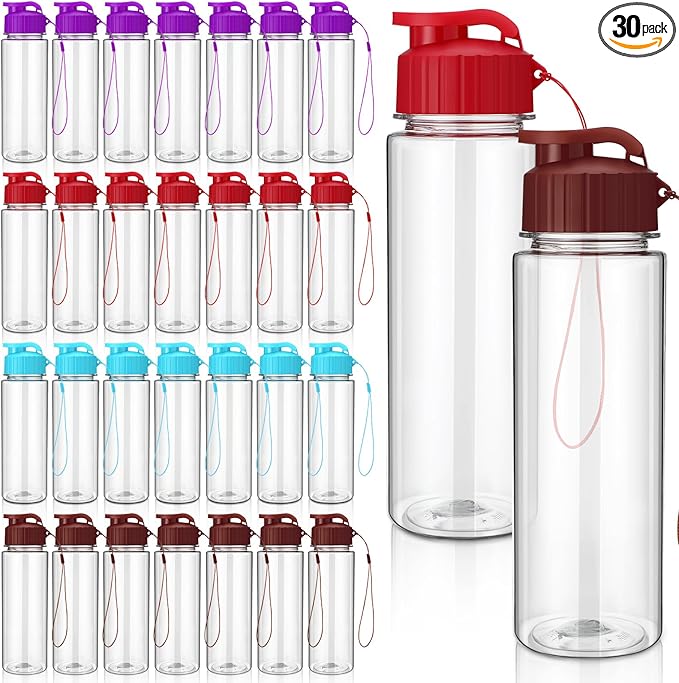 Maxcheck 30 Pieces Water Bottle Bulk 17 oz Plastic Sports Water Bottles Bulk with Handle Strap Lightweight Leakproof Drink Flip Top for Adults Fit Gym(Classic Style,Blue,Purple,Red,Coffee Color)