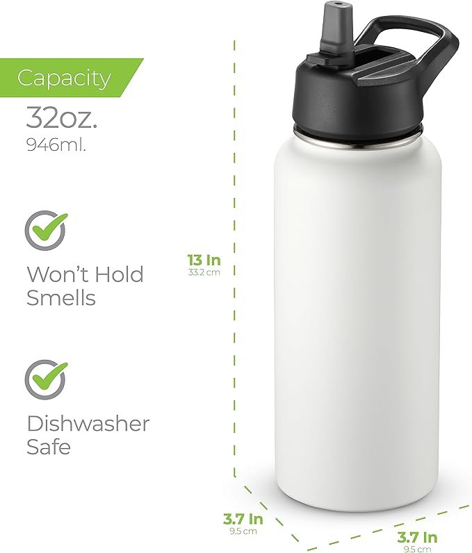 SIPX™ 32 oz Insulated Water Bottle with 3 Lids – Leakproof Stainless Steel, Triple Insulated – Cold 24 Hours/Hot 12 Hours – Durable Bottle for School, Gym, Travel – White