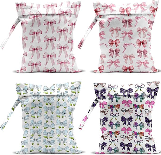 4 Pack Cute Pink Blue Bow Watercolor Leopard Bow Wet Bag Waterproof Reusable Wet Dry Bag for Swimsuit Dirty Clothes Diaper Beach Pool Gym Party Camping Gift for Women Mom Mama Birthday Christmas