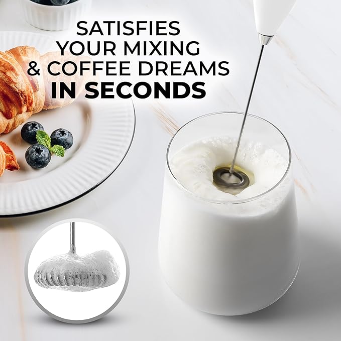 Zulay Powerful Milk Frother for Coffee with Powerful Motor - Handheld Frother Electric Whisk, Milk Foamer, Mini Mixer & Coffee Blender Frother for Frappe, Latte, Matcha, No Stand - White