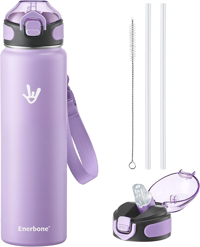Enerbone 32 oz Insulated Water Bottle, Stainless Steel Bottle with Carrying Strap, Double-Wall Vacuum Insulation Design, Leakproof Sports Bottle with Straw, Keep Drinks Cold or Hot for Hours