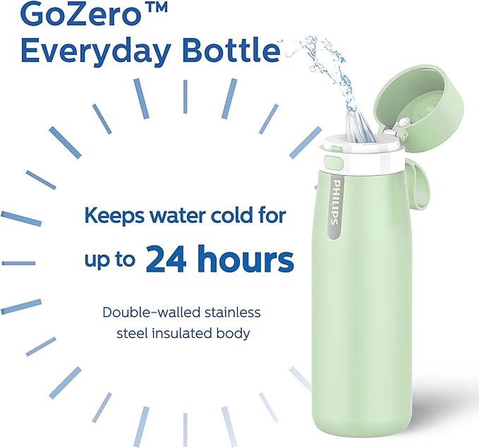 PHILIPS Water Bottle with Filter, Filter Water Bottle Stainless Steel with GoZero Everyday BPA-Free Tap Water Filter, Water Filter Bottle Keep Drink Cold 24 Hours, 1 Filter for 40 gal / 2 Months