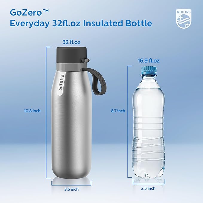 PHILIPS Water Bottle with Filter, Filter Water Bottle Stainless Steel with GoZero Everyday BPA-Free Tap Water Filter, Water Filter Bottle Keep Drink Cold 24 Hours, 1 Filter for 40 gal / 2 Months