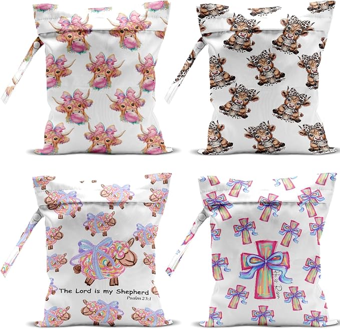 4 Pack Cute Bow Sheep Cow Christian Easter Wet Bag Waterproof Wet Dry Bag for Swimsuit Clothes Diaper Beach Pool Yoga Gym Toiletries Gift for Women Bestie Friend Easter Christmas Appreciation Birthday