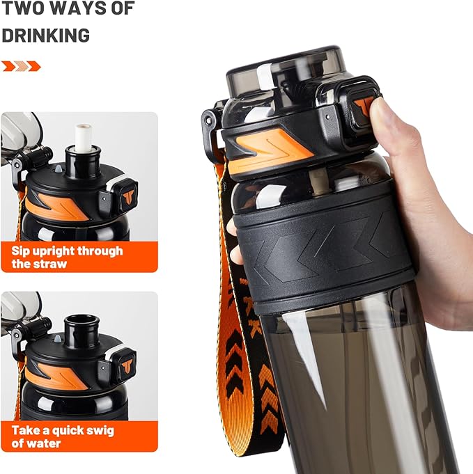 TKK Sports Water Bottles with Removable Straw 34 oz Leak-proof Flip Top Lid BPA Free Tritan Bottles with Strap for School, Fitness, Gym, Outdoor, Black