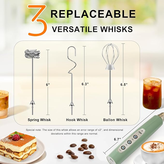 YUSWKO Granite Green Handheld Milk Frother Wand for Coffee, Rechargeable Electric Whisk with 3 Heads 3 Speeds Drink Mixer Coffee Frother For Latte, Cappuccino, Hot Chocolate, Egg