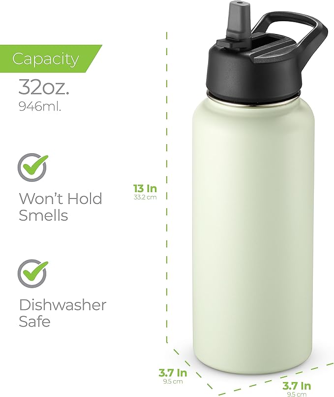 SIPX™ 32 oz Insulated Water Bottle with 3 Lids – Leakproof Stainless Steel, Triple Insulated – Cold 24 Hours/Hot 12 Hours – Durable Bottle for School, Gym, Travel – Green