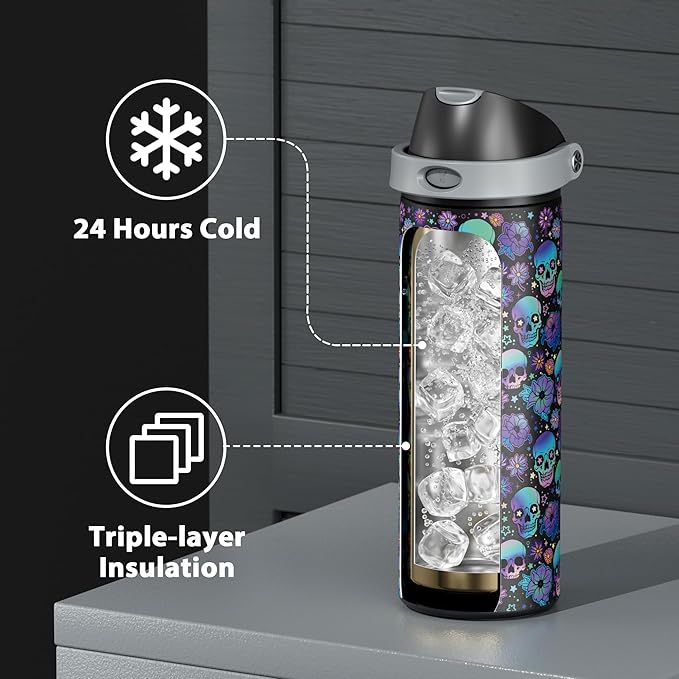 24 oz Insulated Water Bottle with Straw: Meoky Stainless Steel Water Bottle with 2-in-1 Straw and Spout Lid - Leak Proof, Fits in Car Cup Holder, BPA-Free for Travel Gym, Spooky Petals
