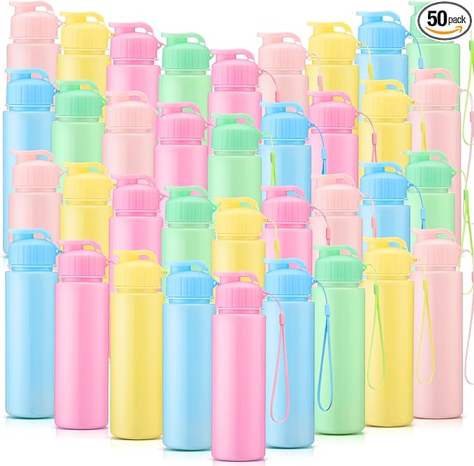Domensi 50 Pieces Plastic Water Bottle Bulk 17 oz Sports Adults Reusable Large Water Bottles with Leak Proof Flip Top for Adults Fitness (Solid Pastel)