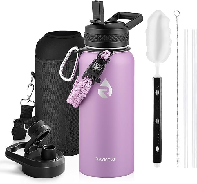 Insulated Water Bottle 32 oz, Triple Wall Vacuum Stainless Steel (Cold for 48 Hrs), Leak Proof & Non-BPA, Modern Water Flask Jug with Paracord Handle & Straw Spout Lids, Lilac