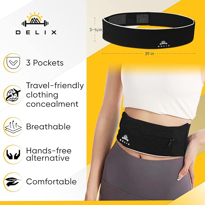 DELIX Adjustable 3 Pocket Lightweight Running Belt with Zipper for Women and Men from 24" to 38" Waist for Cell Phone, Money | Anti-Theft Travel Waist Bag