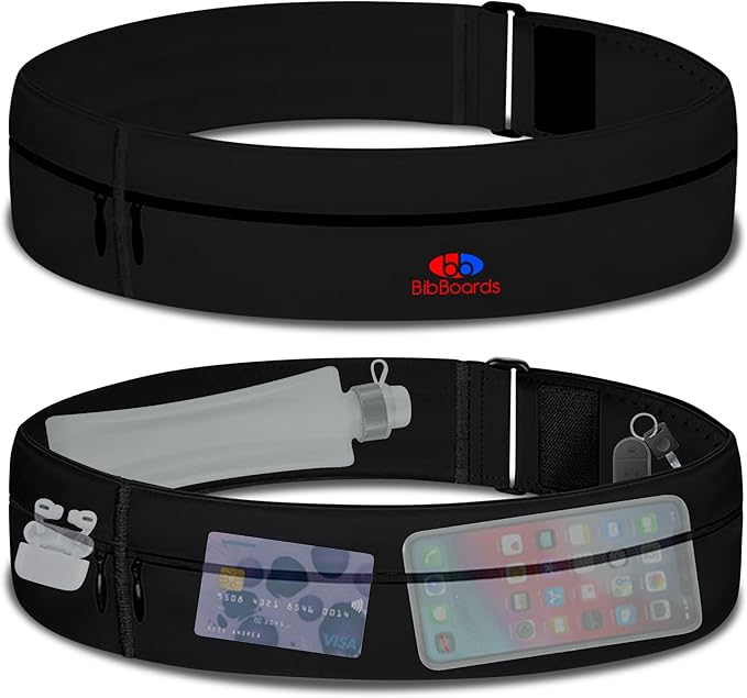 BibBoards Running Belt, Black | No-Bounce, Water & Sweat-Resistant Fanny Pack for Phone, Keys, Cards | Adjustable Waist 38”-48” | Lightweight for Running, Cycling, Hiking, Marathons and Races