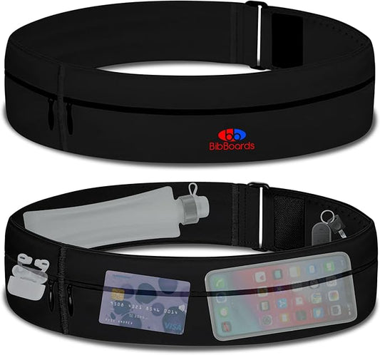 BibBoards Running Belt, Black | No-Bounce, Water & Sweat-Resistant Fanny Pack for Phone, Keys, Cards | Adjustable Waist 38”-48” | Lightweight for Running, Cycling, Hiking, Marathons and Races